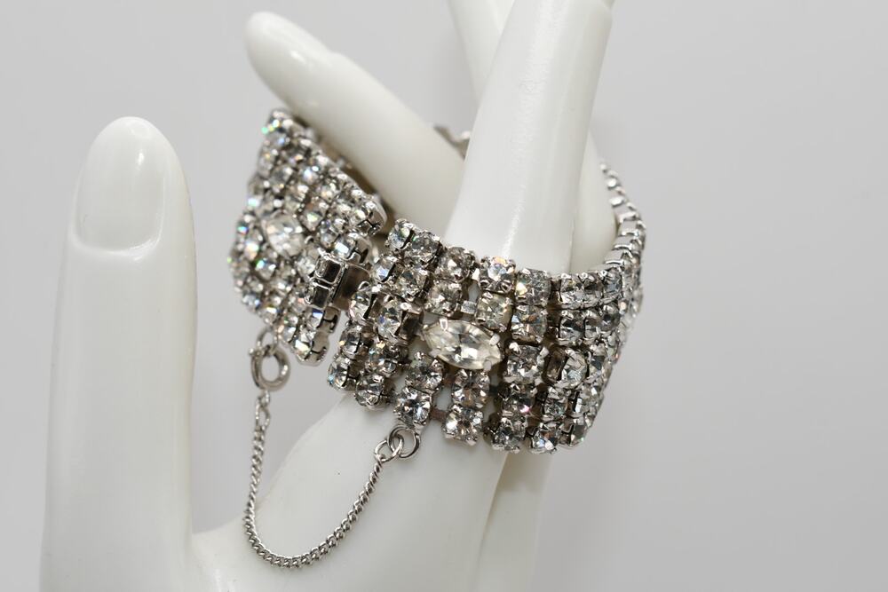 Vintage 5 Row Rhinestone Wedding Bracelet Rhodium Plated Marquise Accent